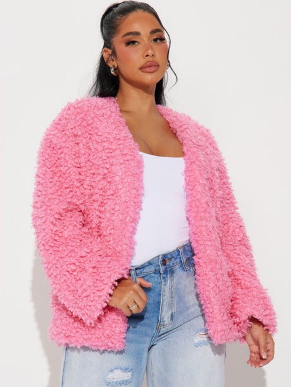 Pink Faux-Shearling Open-Front Jacket With Pockets